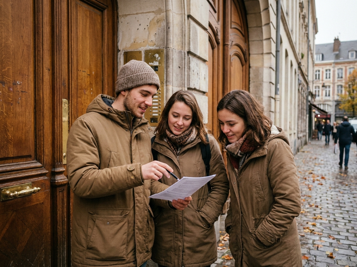 Deux étudiants relisant un contrat de bail devant l'entrée d'un immeuble à Lille lors de la recherche d'un logement