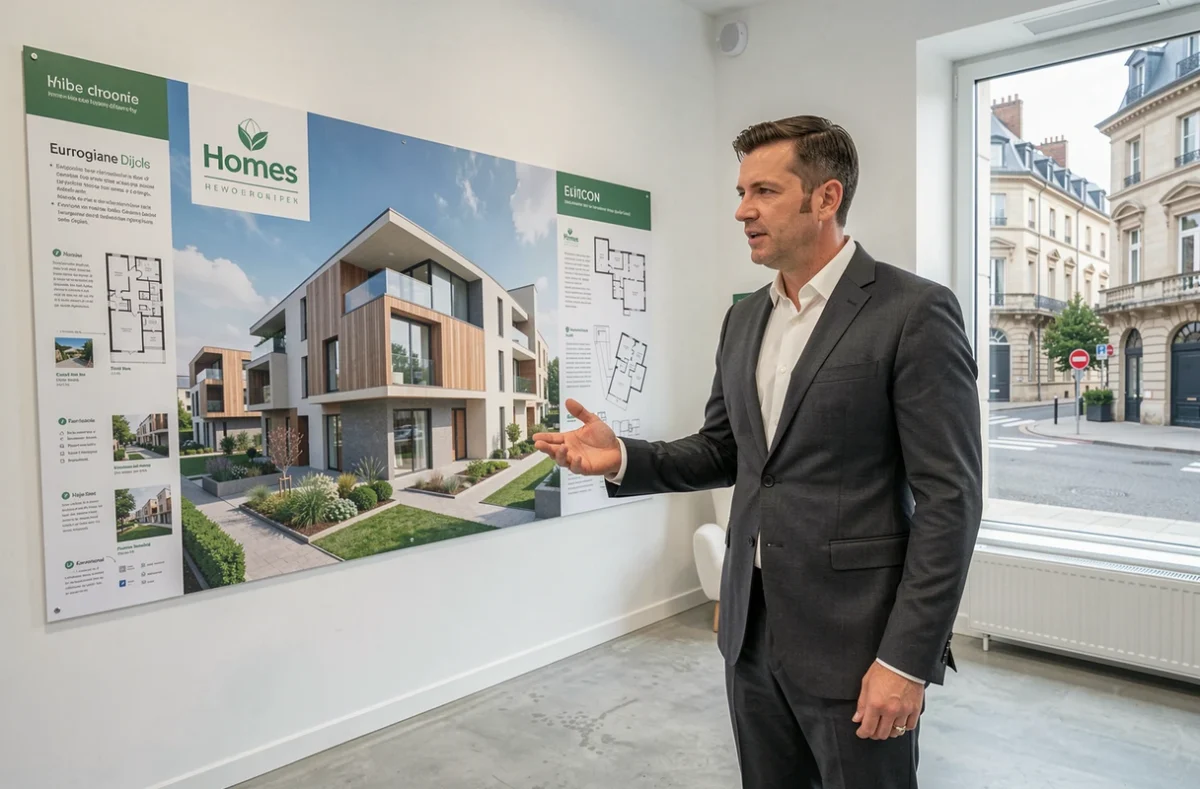 Directeur commercial d'European Homes Dijon présentant le rendu d'une résidence neuve dans un showroom de vente immobilière à Dijon