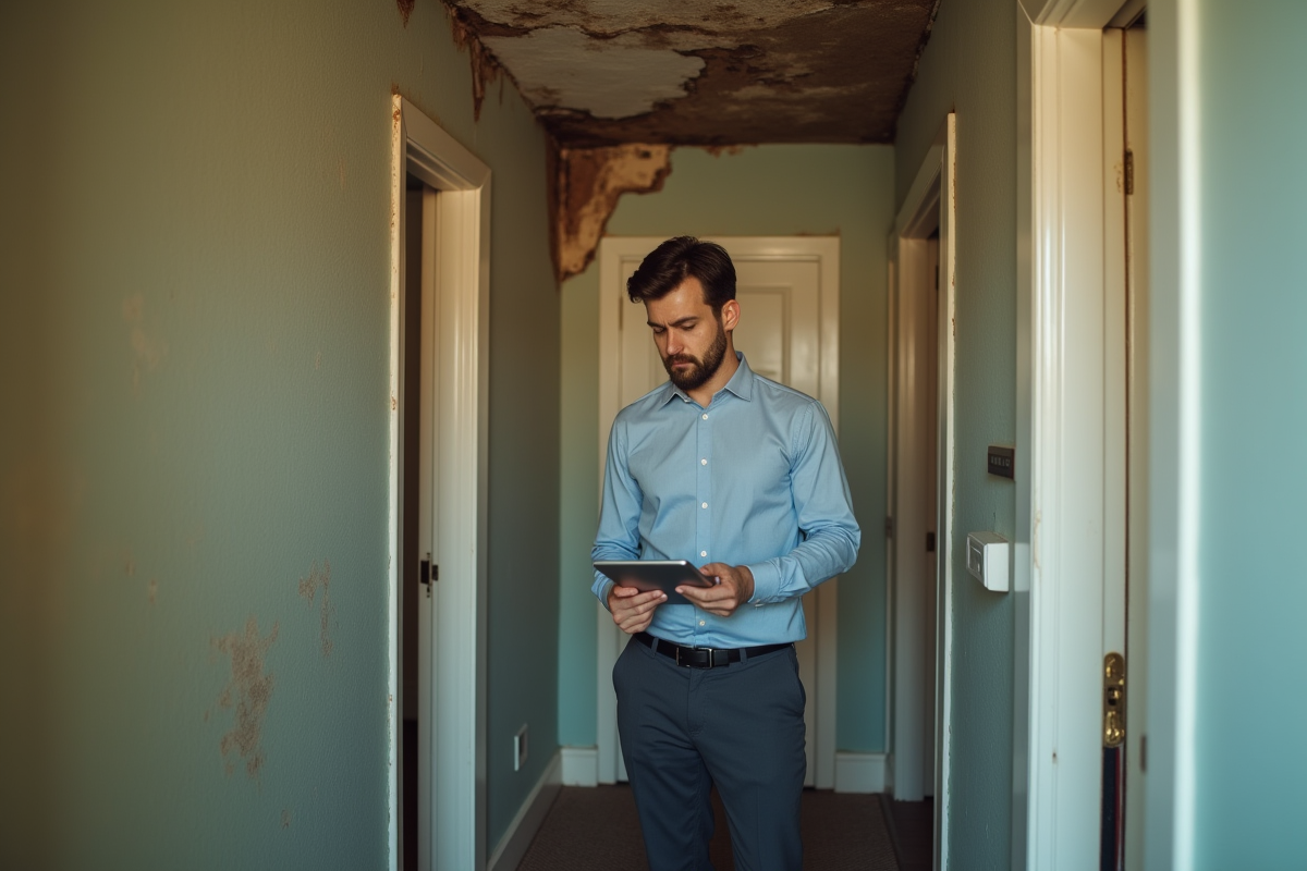Jeune expert en assurance inspectant un plafond endommagé