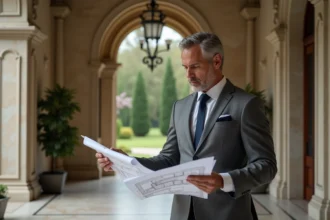 Expert immobilier en costume évaluant un bien de prestige dans le hall en marbre d'une villa de luxe