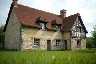 Façade authentique d'une longère normande en pierre et colombages avec tuiles anciennes et végétation environnante