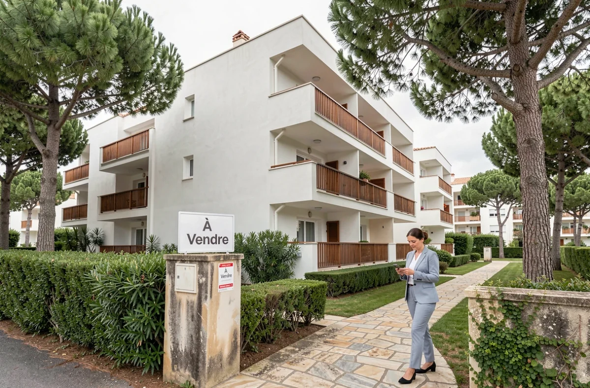 Façade d'une résidence de tourisme Pierre et Vacances avec panneau à vendre et jardin aménagé