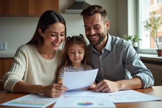 Famille heureuse discutant aides logement à la maison