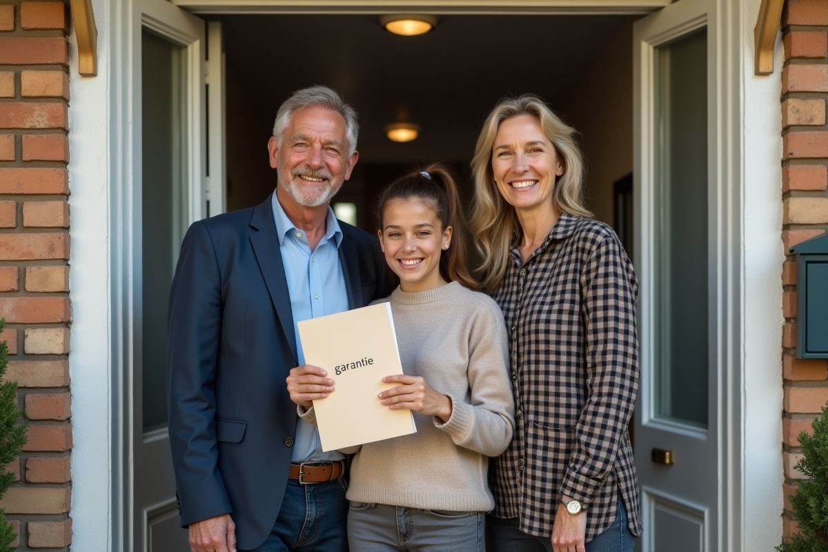 Famille heureuse devant leur maison après l