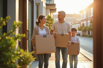 Famille souriante sortant de leur maison avec des cartons