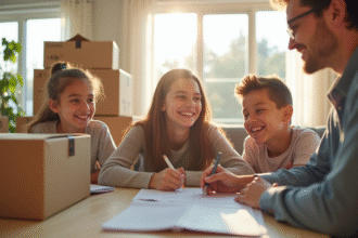 Famille souriante dans un salon lumineux signant un contrat immobilier
