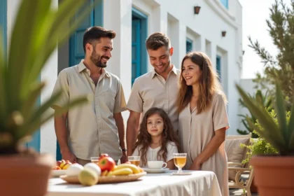 Famille installée sur la terrasse d'un riad à Essaouira pour une location longue durée au Maroc