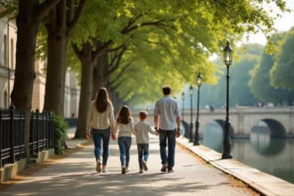 Famille se promenant au bord de la Seine à Maisons-Laffitte, quartier résidentiel calme et arboré