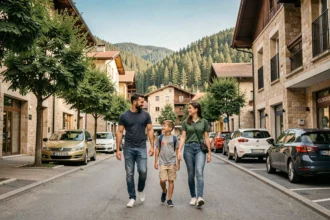 Famille avec enfants se promenant dans un quartier résidentiel d'Andorre entouré de montagnes