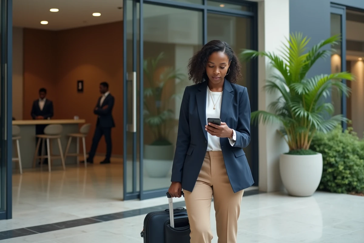 Femme d'affaires arrivant dans un immeuble résidentiel moderne à Abidjan pour une location courte durée