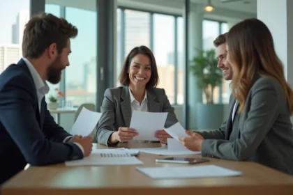 Femme d'affaires souriante discutant avec un couple dans un bureau moderne