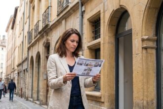 Femme consultant une annonce immobilière devant un immeuble haussmannien lyonnais pour comparer les prix d'appartements T2 et T4