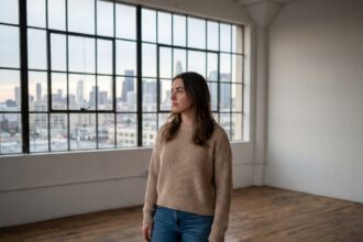 Jeune femme dans un appartement vide avec vue urbaine
