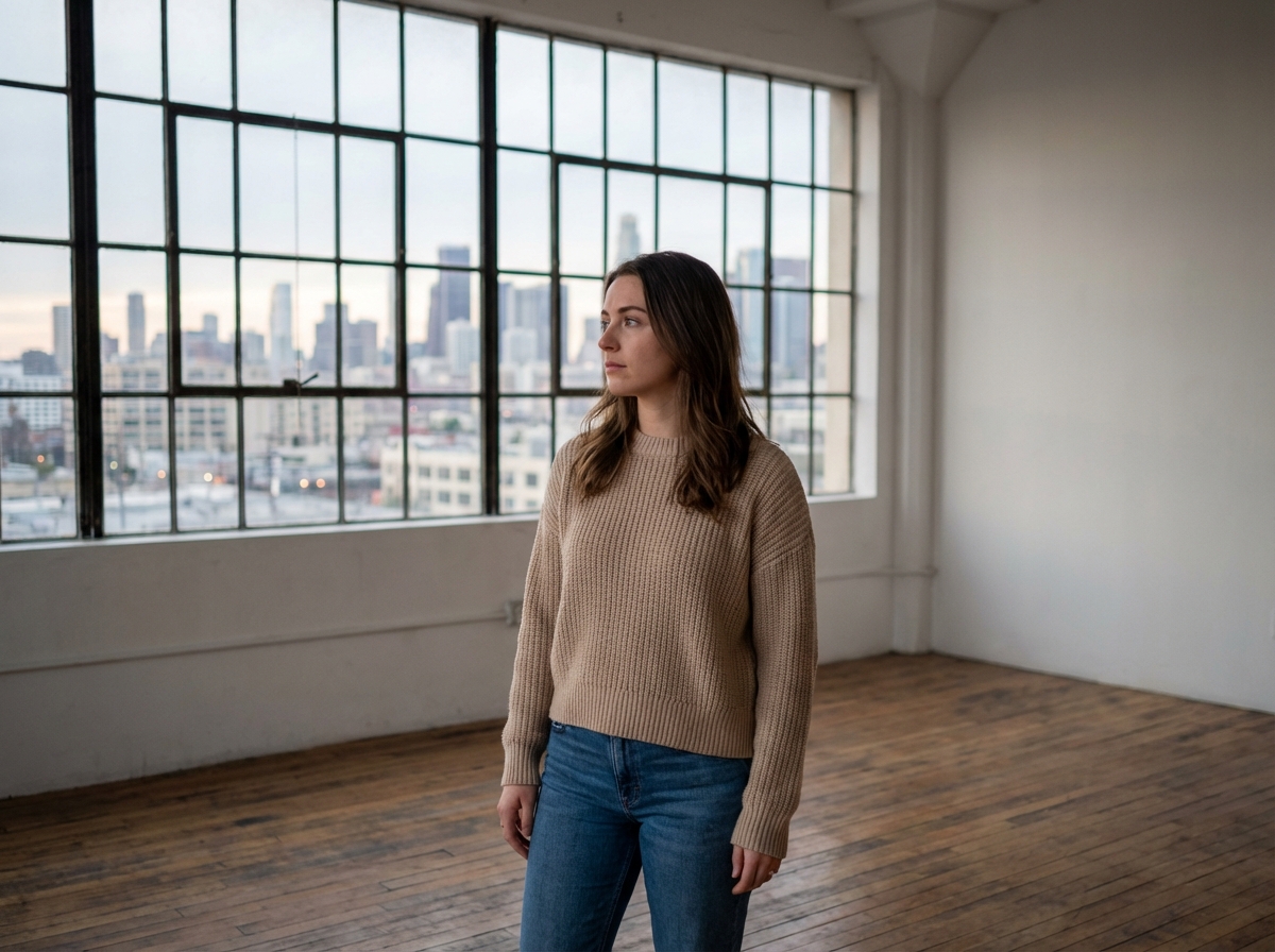 Jeune femme dans un appartement vide avec vue urbaine
