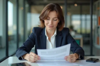Femme d'âge moyen au bureau en blazer blanc