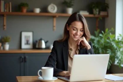 Femme souriante au bureau avec ordinateur et café