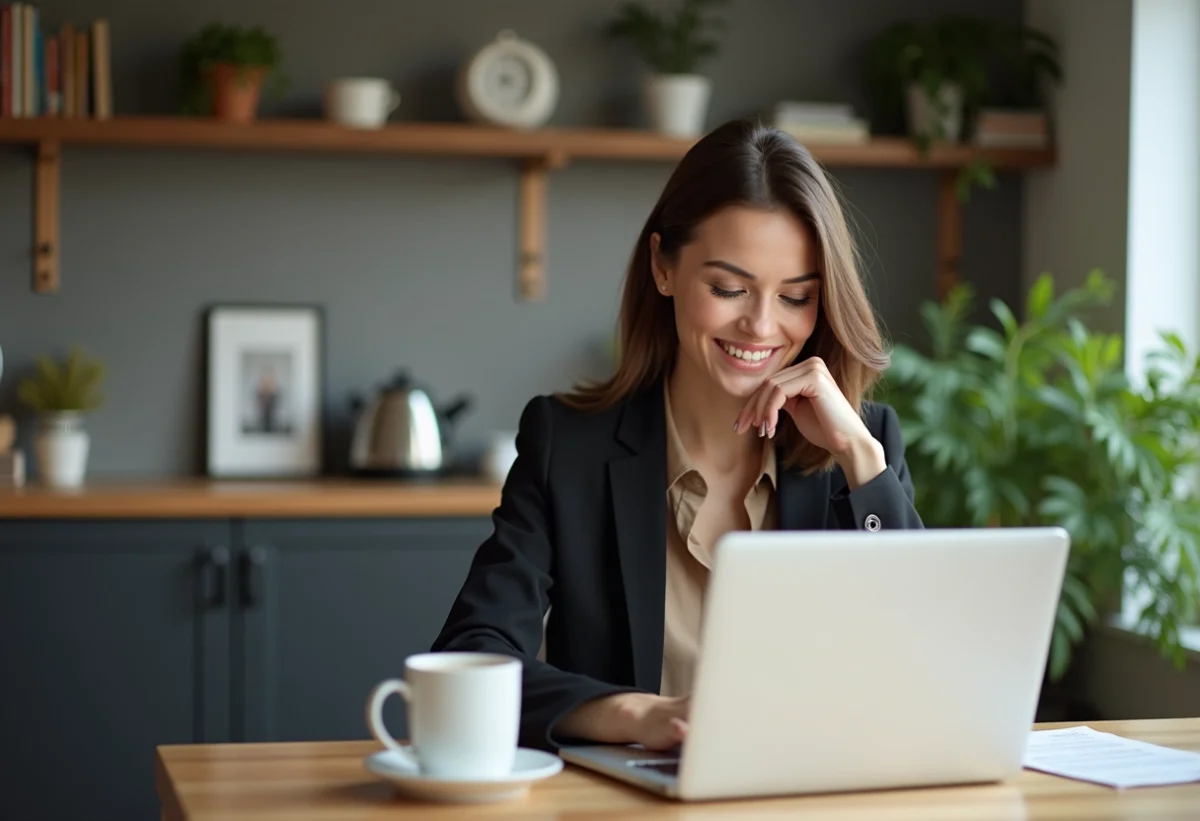 Femme souriante au bureau avec ordinateur et café