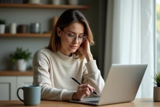 Femme d'âge moyen travaillant à la maison avec un ordinateur portable