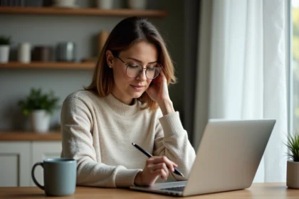 Femme d'âge moyen travaillant à la maison avec un ordinateur portable