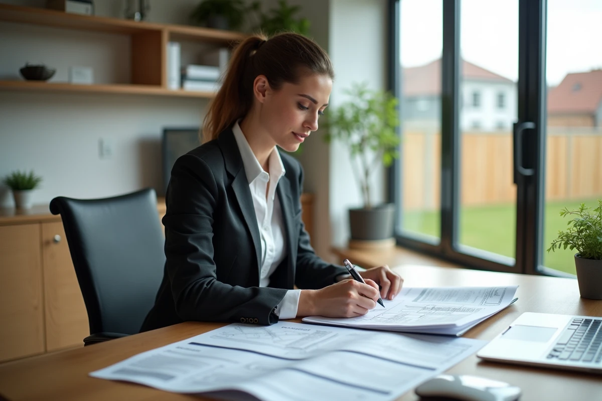 Femme étudiant des plans dans un bureau moderne