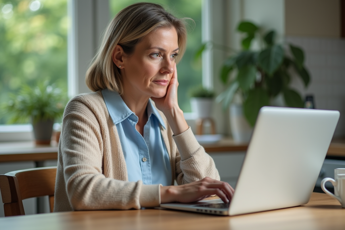 Femme dans sa cuisine utilisant un ordinateur pour un calcul de prêt