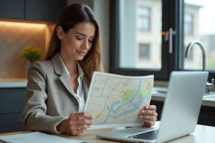 Femme regardant une carte urbaine dans une cuisine moderne