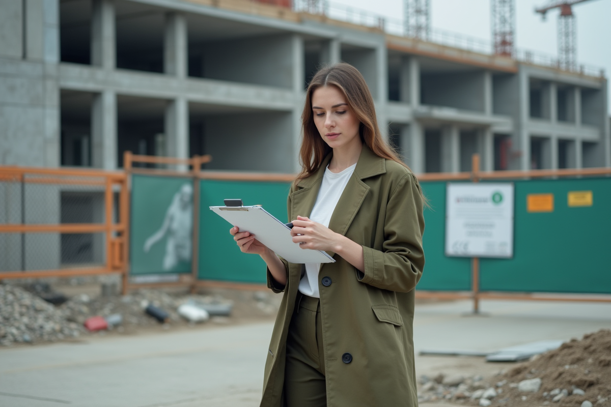 Jeune femme lisant une notice sur un chantier urbain