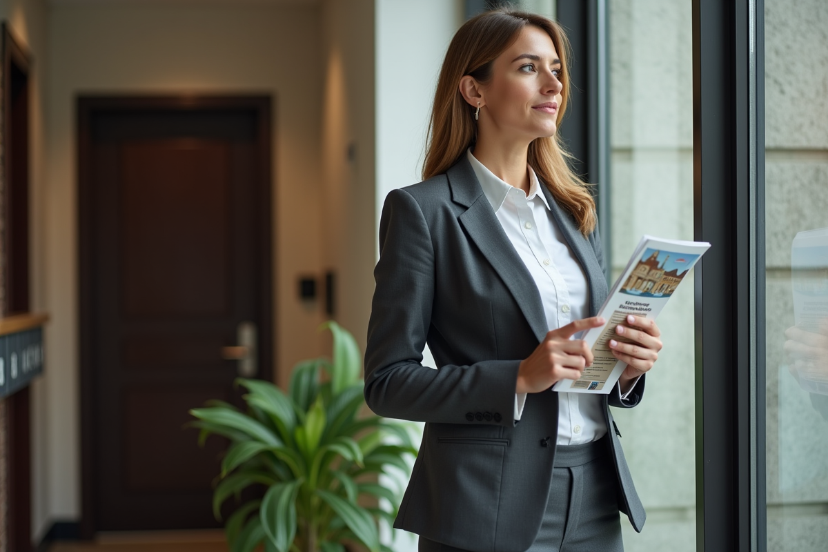 Femme professionnelle tenant des clés et brochure d
