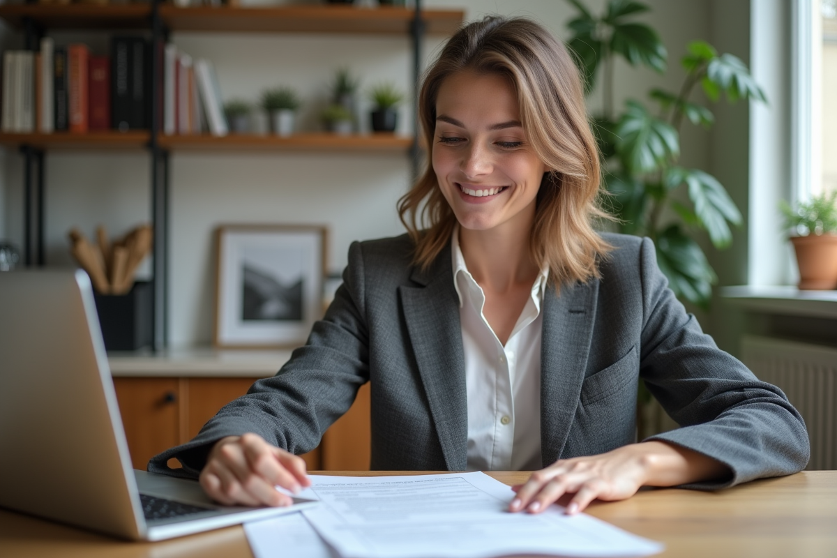 Femme confiante en business casual dans un appartement parisien