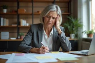 Femme inquiète examinant un contrat immobilier douteux à son bureau à domicile
