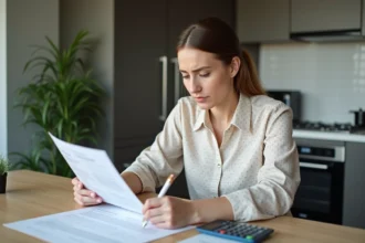 Femme vérifiant un contrat de location dans une cuisine moderne