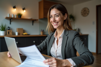 Femme souriante avec documents de prêt immobilier dans un intérieur moderne