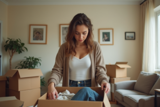 Jeune femme emballant des vêtements dans une boîte à la maison