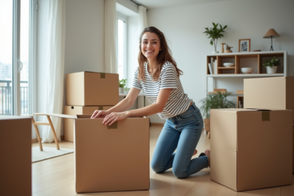 Jeune femme en jeans et tshirt à rayures emballant des cartons dans un appartement