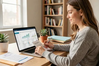 Femme consultant son espace client MyCitya sur un ordinateur portable pour comprendre ses appels de fonds de copropriété