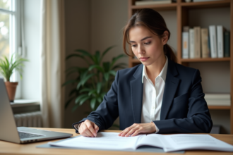 Femme d'affaires examinant des documents financiers dans un intérieur élégant