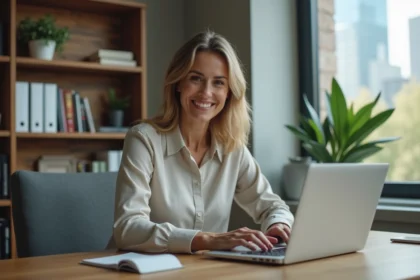 Femme d affaires souriante gérant ses locations depuis un bureau