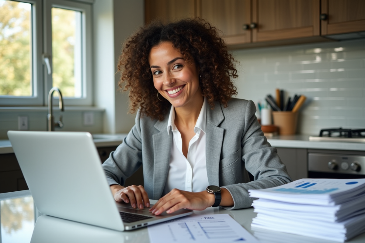 Femme souriante pointant un graphique sur son ordinateur portable