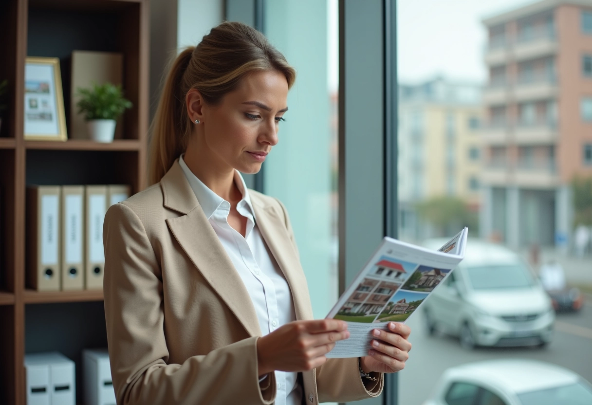 Femme d age moyen examine une brochure immobiliere dans un bureau