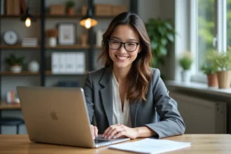 Femme professionnelle consultat site immobilier au bureau