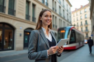 Femme d affaires souriante devant un immeuble lyonnais