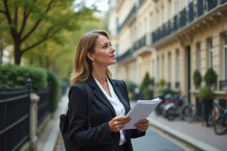 Femme d affaires tenant une brochure immobiliere devant un immeuble parisien