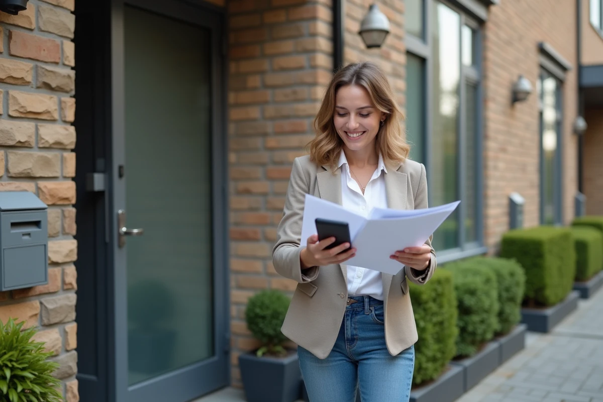 Jeune femme professionnelle souriante devant immeuble