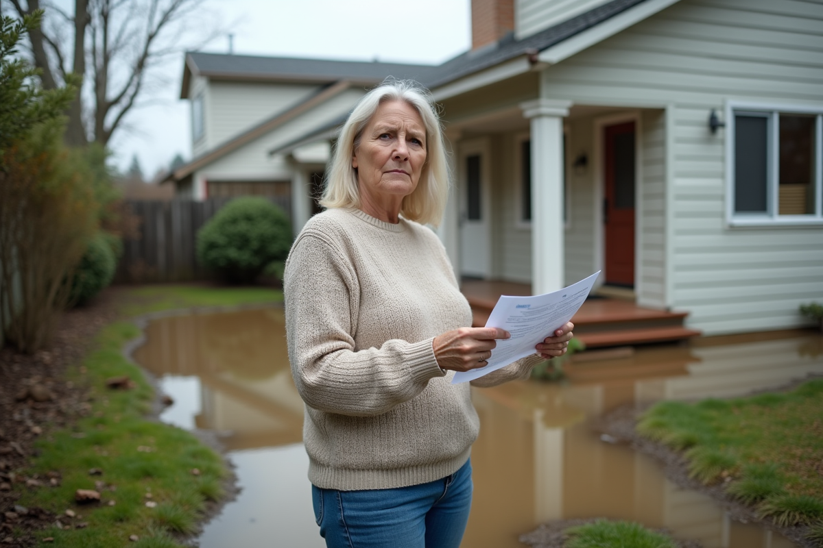 Femme préoccupée devant sa maison inondée en banlieue