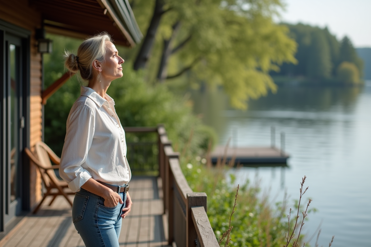Femme réfléchissant sur la terrasse au bord du lac