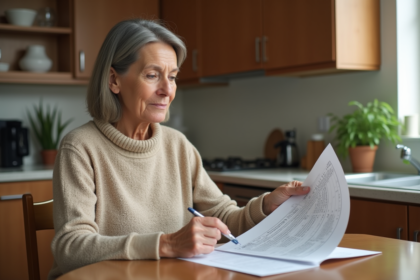 Femme lisant un contrat d'eau à la maison