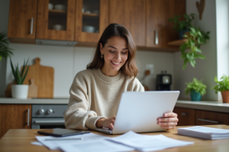 Femme lisant des documents de prêt immobilier à la maison