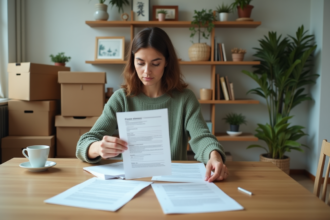 Femme en train de trier des documents dans un appartement en transition