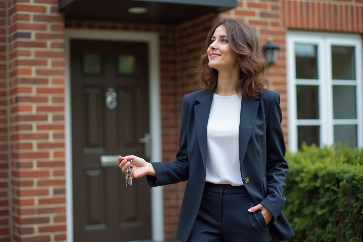 Femme tenant des clés devant une façade de maison en briques