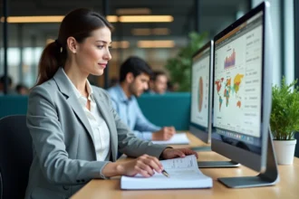 Femme professionnelle utilisant un intranet sur ordinateur pour optimiser sa journée de travail au bureau